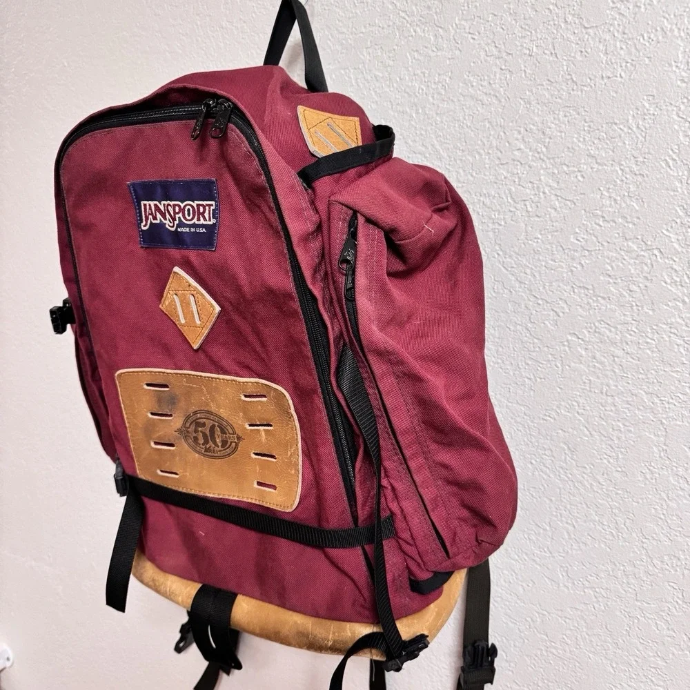Vtg JANSPORT x REI Backpack Burgundy 50 Yr Anniversary Leather Bottom Hiking 80s